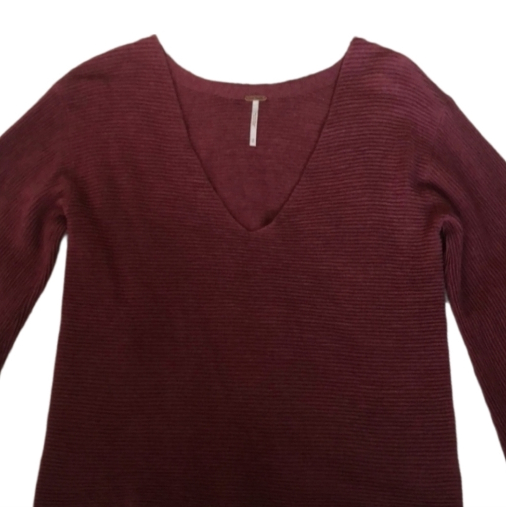 FREE People Starman Ribbed Burgundy Wool Blend Top Bell Flared Sleeves Small - Picture 7 of 10